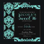 Convite Black & Teal Damask Chic Elegante Festa Doce 16 An<br><div class="desc">Personalize para qualquer evento.</div>