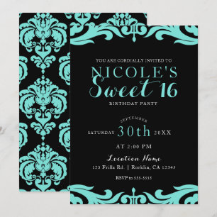 Convite Black & Teal Damask Chic Elegante Festa Doce 16 An
