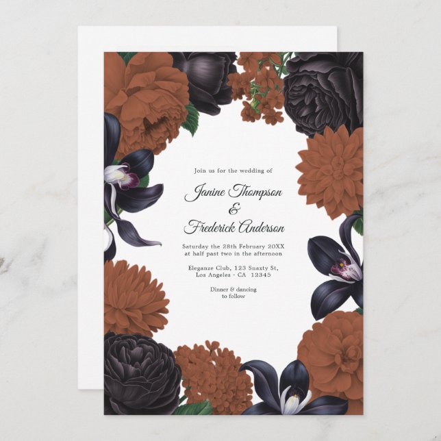Convite Black & Terracotta Photo/QR Code Floral Wedding (Frente/Verso)