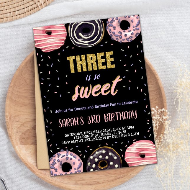 Convite Black Three é Sweet Rosquinha Birthday Invtions (Black Three is Sweet Donut Birthday Invitations)