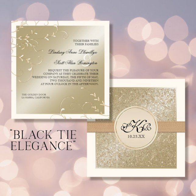 Convite Black Tie Elegance, Champagne Cream Wedes Cards (Criador carregado)