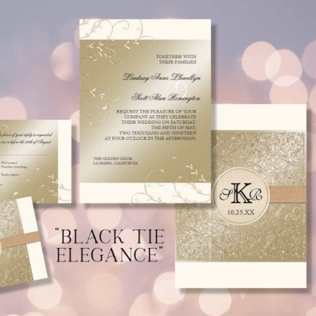 Convite Black Tie Elegance, Champagne Cream Wedes Cards (Criador carregado)