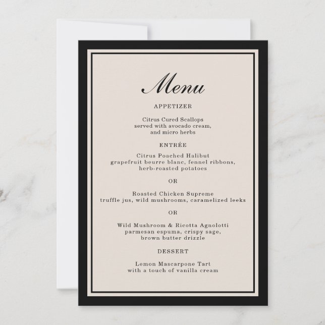 Convite Black Tie Wedding Classic Menu Card (Frente)