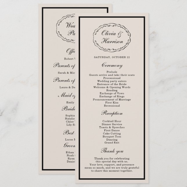 Convite Black Tie Wedding Classic Program Card (Frente/Verso)