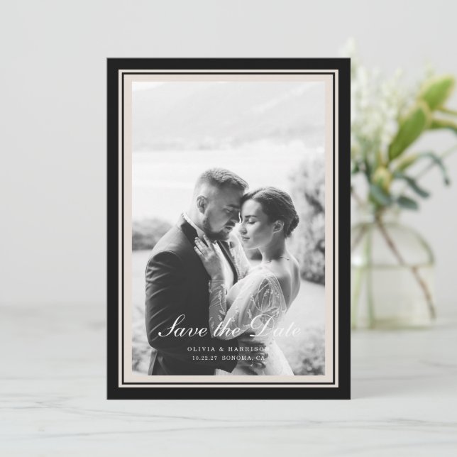Convite Black Tie Wedding Photo Save the Date Card (Em pé/Frente)