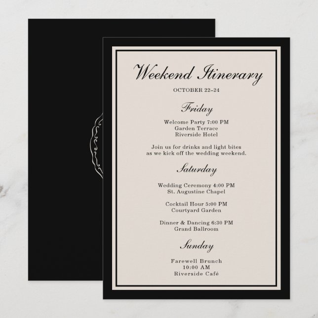 Convite Black Tie Wedding Weekend Itinerary Card (Frente/Verso)