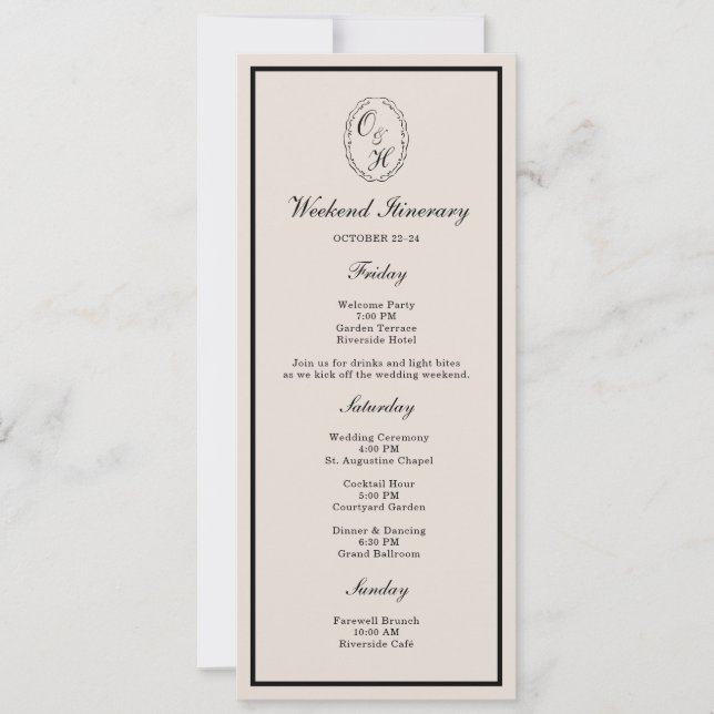 Convite Black Tie Wedding Weekend Timeline Card (Frente)