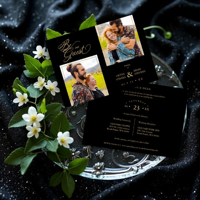 Convite Black Trendy 2 Photos Fake Golden (Black Trendy Collage Wedding 2 Photos Invitation.)