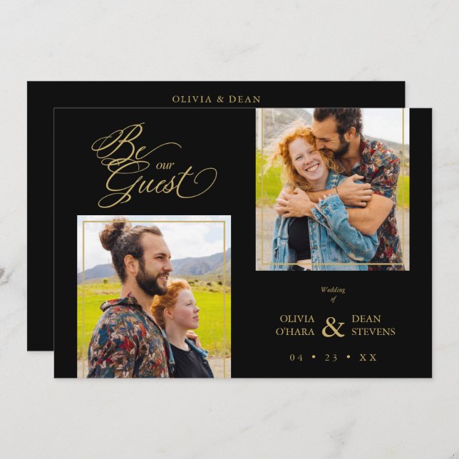 Convite Black Trendy 2 Photos Fake Golden (Frente/Verso)