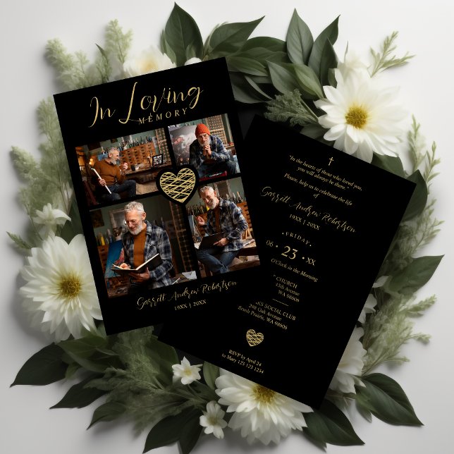 Convite Black Trendy Collage 4 Photos Modern Heart  (Black Trendy Collage 4 Photos Modern Heart for Funeral or Celebration of Life Invitation card.)