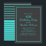 Convite Black Turquoise Striped 40th Birthday Party<br><div class="desc">Make a bold and elegant statement with this sophisticated milestone birthday invitation, featuring a deep charcoal background accented by vibrant aqua typography. A sleek double-line border frames the design, while the combination of flowing script lettering and clean serif text creates a modern yet timeless look. Perfect for celebrating a woman’s...</div>