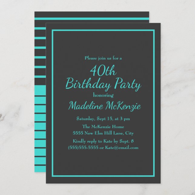 Convite Black Turquoise Striped 40th Birthday Party (Frente/Verso)