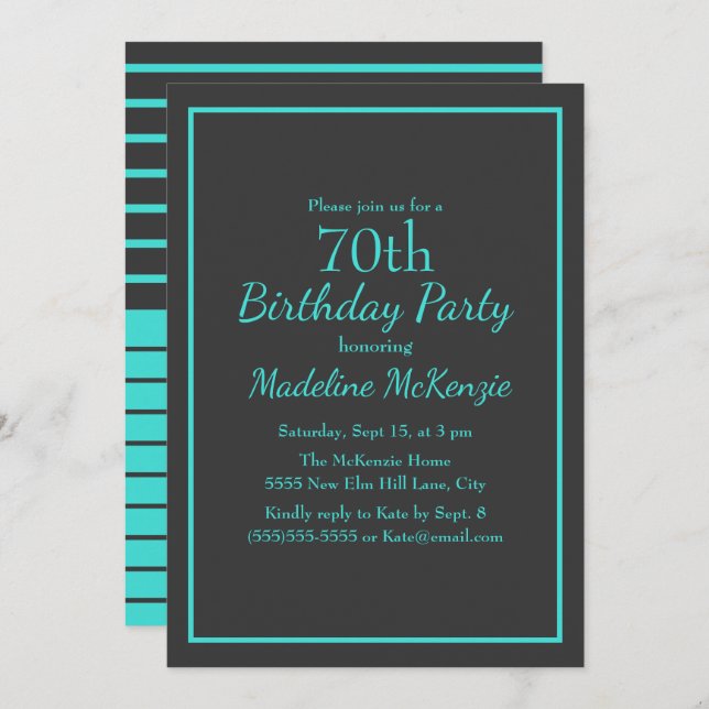 Convite Black Turquoise Striped 70th Birthday Party (Frente/Verso)