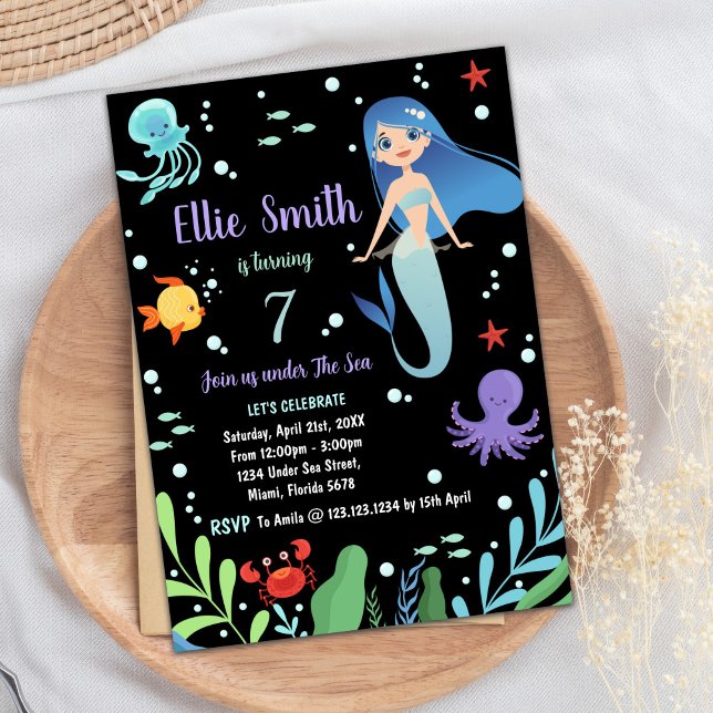 Convite Black under the sea Sereia Birthday (Black Under the sea Mermaid Birthday Invitations)