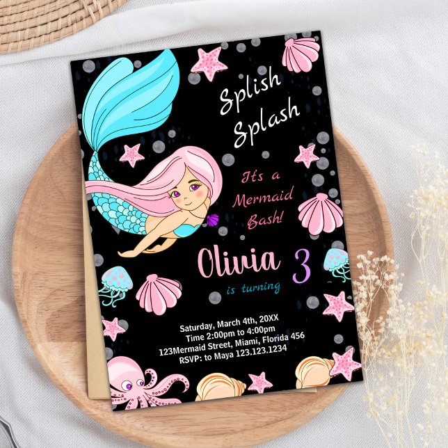 Convite Black under the sea Sereia Birthday (Black Under the sea Mermaid Birthday Invitations)