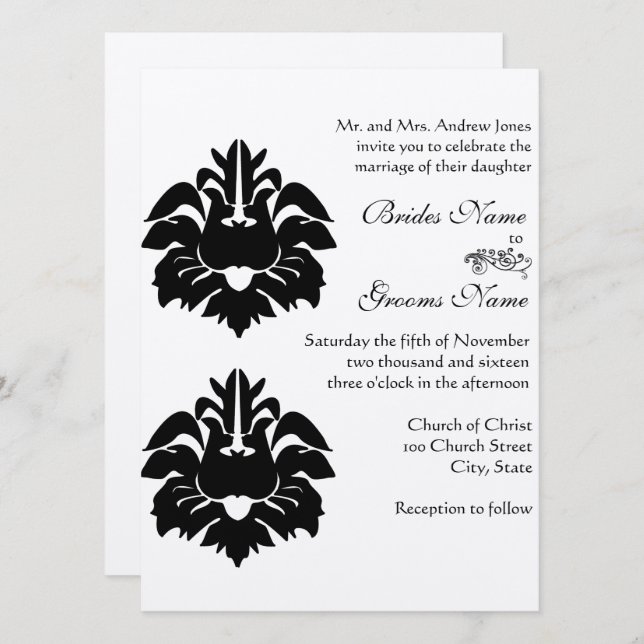 Convite Black Victorian Damask Wedding  (Frente/Verso)