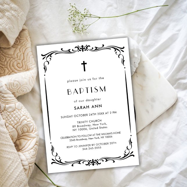 Convite Black Vintage Frame Baptism Christening Cross (Black Vintage Frame Baptism Christening Cross Invitation)
