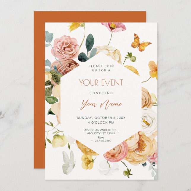 Convite Black Watercolor floral elegante (Frente/Verso)