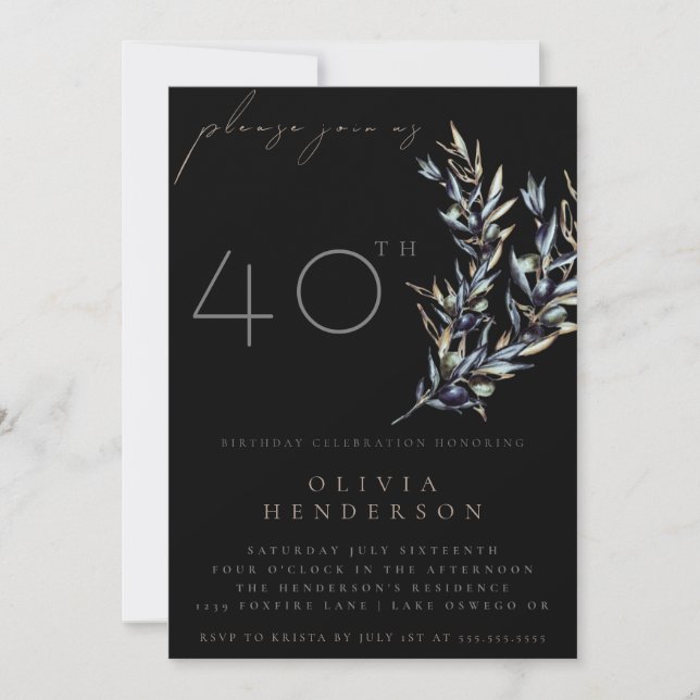 Convite Black Watercolor Olive Branch Birthday Invitation (Frente)