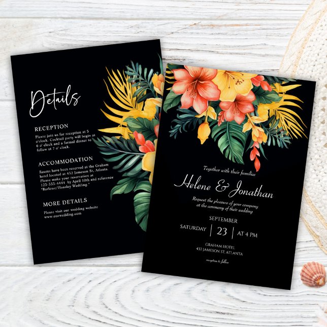 Convite Black Watercolor Tropical All In One Wedding (Cobr (Black Watercolor Tropical All In One Wedding Invitation)