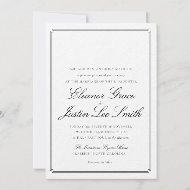 Convite Black Wedding Invitation with Monogram Space (Frente)