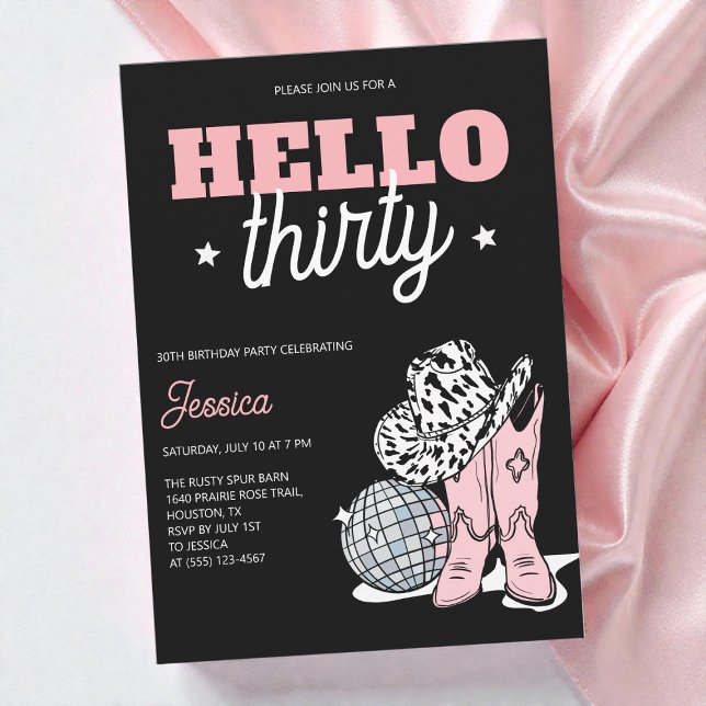 Convite Black Western Disco Cowgirl 30th Birthday Party (Black Western Disco Cowgirl 30th Birthday Party Invitation)
