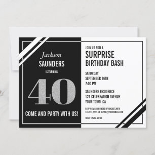 Convite Black White 40th Surprise Birthday Bash