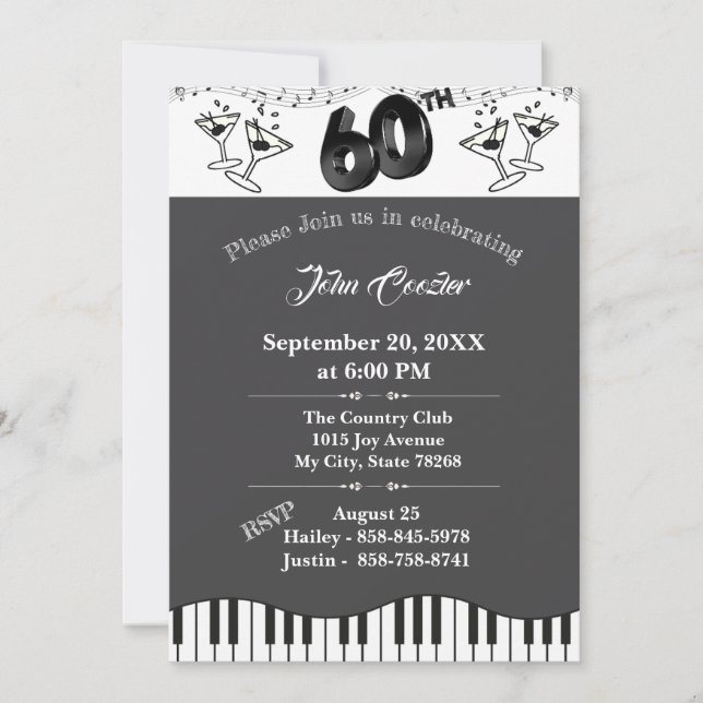 Convite Black & White 60th Birthday Invitation with Martin (Frente)