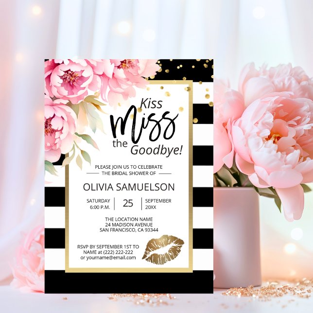 Convite Black White Beija Miss Floral Chá de panela (Kiss the Miss Goodbye Floral Bridal Shower Invitation)