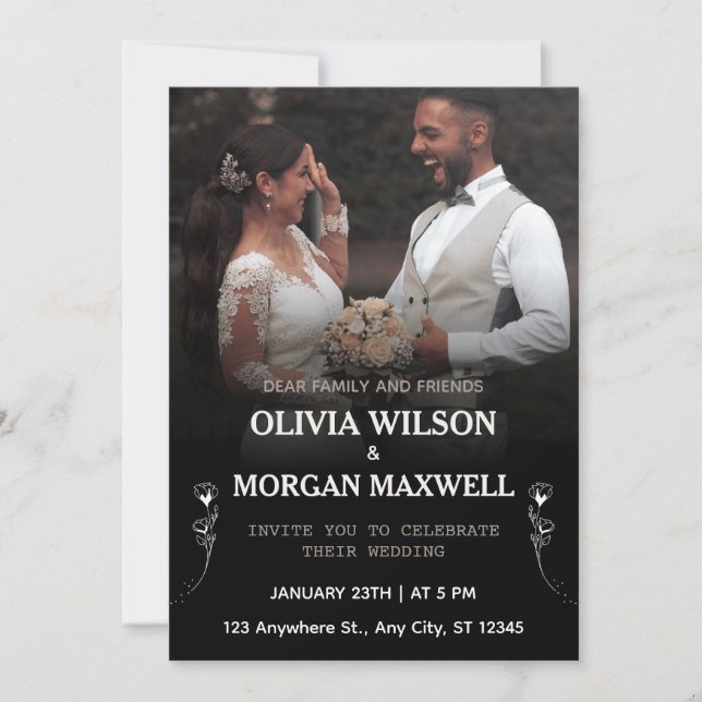 Convite Black & White Bold Gradient Elegant Photo Wedding (Frente)