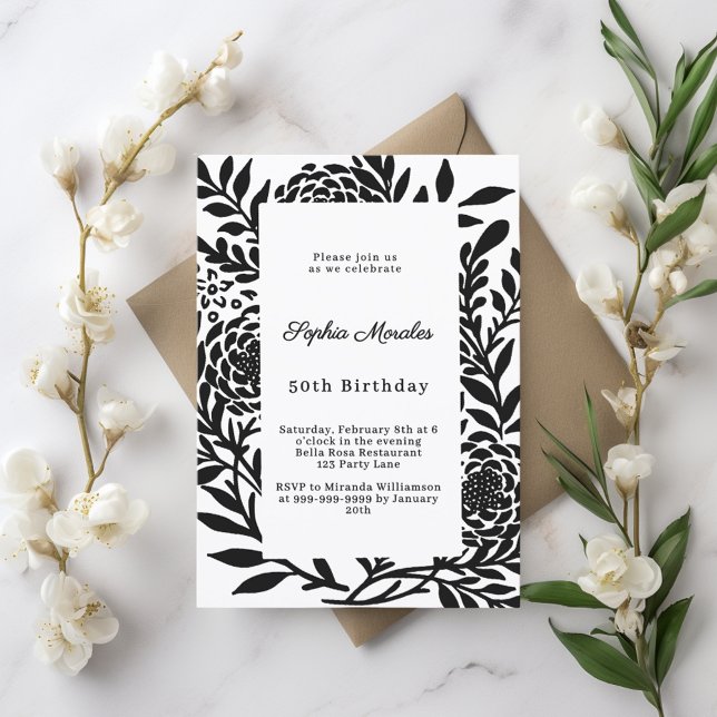 Convite Black white botanical birthday (Criador carregado)