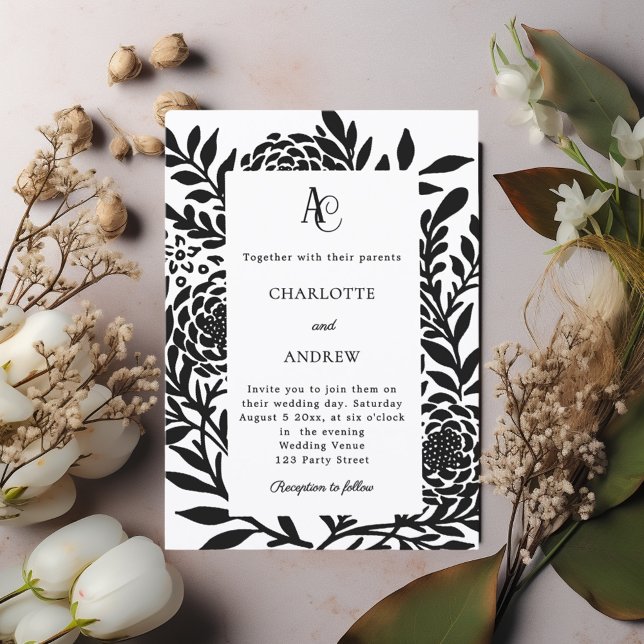 Convite Black white botanical modern monogram wedding (Criador carregado)