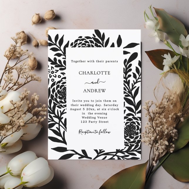 Convite Black white botanical modern wedding (Criador carregado)
