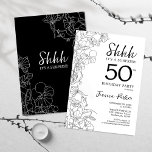 Convite Black White Botanical Surprise 50º aniversário<br><div class="desc">Black White Botanical Surprise 50th Aniversário. A design feminina moderna minimalista apresenta sotaques botânicos e letra de script de tipografia. Simples cartão de convite floral perfeito para uma festa surpresa na moda.</div>
