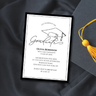 Convite Black White Classic Graduation cap typography