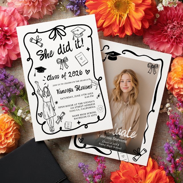 Convite Black White Coquette Doodles photo graduation (Black White Coquette Doodles photo graduation Invitation)
