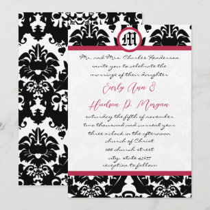 Convite Black & White Damask Magenta Trim Wedding 