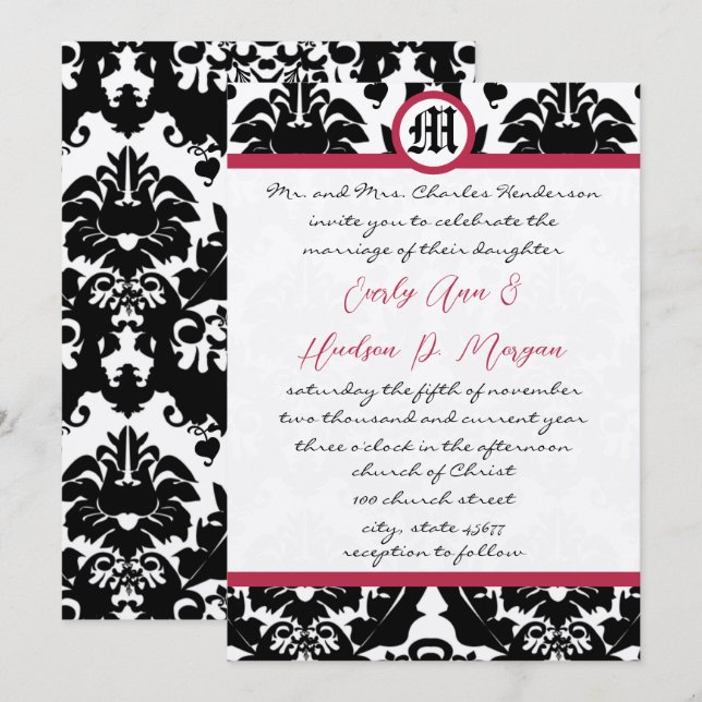 Convite Black & White Damask Magenta Trim Wedding  (Frente/Verso)