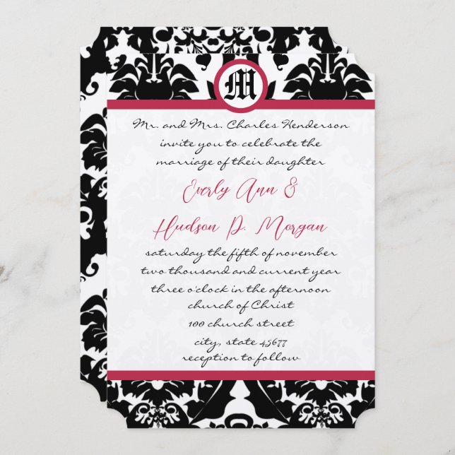 Convite Black & White Damask Magenta Trim Wedding  (Frente/Verso)