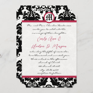 Convite Black & White Damask Magenta Trim Wedding