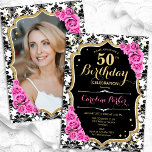 Convite Black White Damask Pink Roses Foto 50th Birthday<br><div class="desc">Elegante convite floral feminino de 50 anos com sua foto no final do cartão. Design cor-de-rosa preto brilhante com ouro brilhante. Apresenta cor damasco preta e branca, rosas cor-de-rosa, fonte de script e confetti. Perfeito para uma festa de comemoração de na moda adulto. Personalize com seus próprios detalhes. Pode ser...</div>