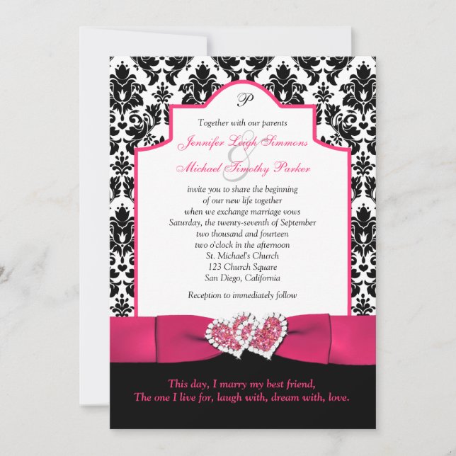 Convite Black White Damask, Rosa Glitter Hearts Convidam 2 (Frente)