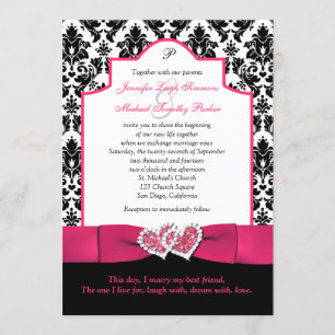 Convite Black White Damask, Rosa Glitter Hearts Convidam 2