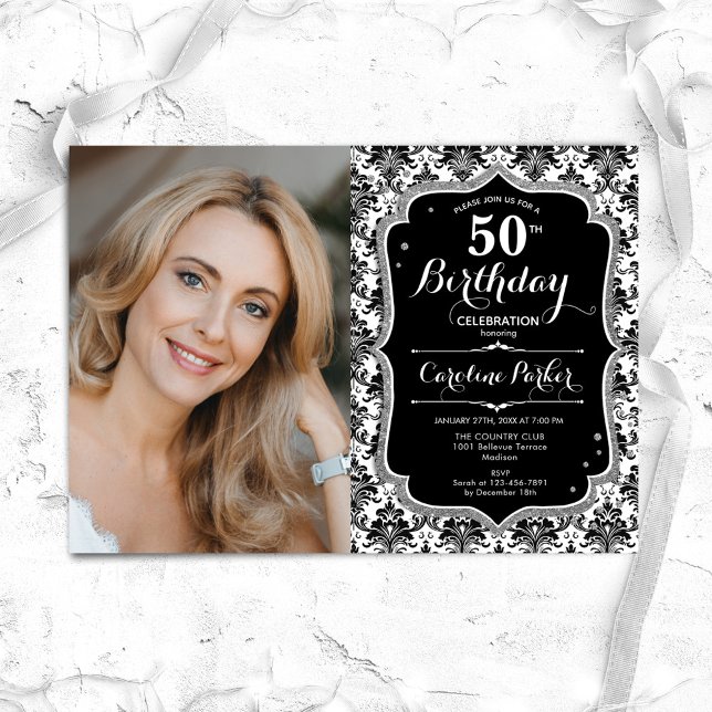 Convite Black White Damask Silver Photo 50th Birthday (Criador carregado)