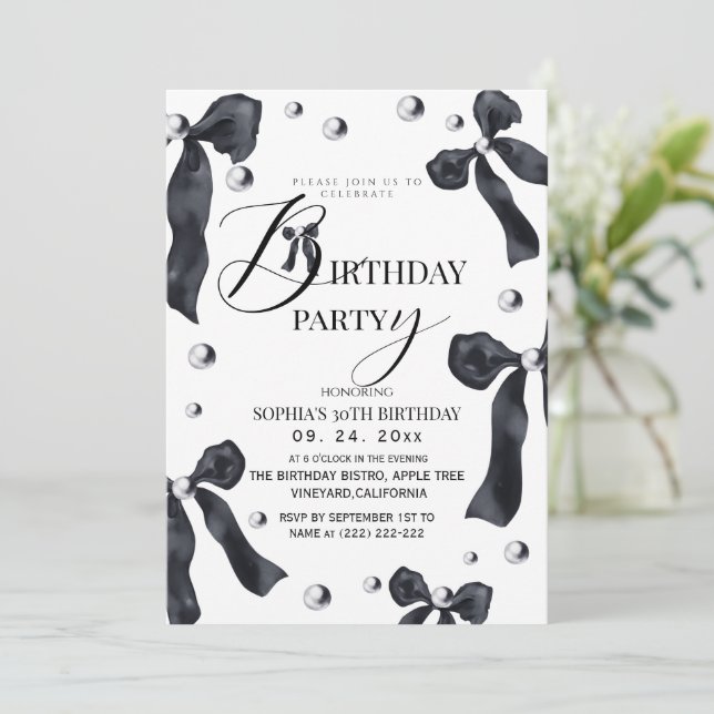 Convite Black & White Elegant Bow Birthday Party  (Em pé/Frente)