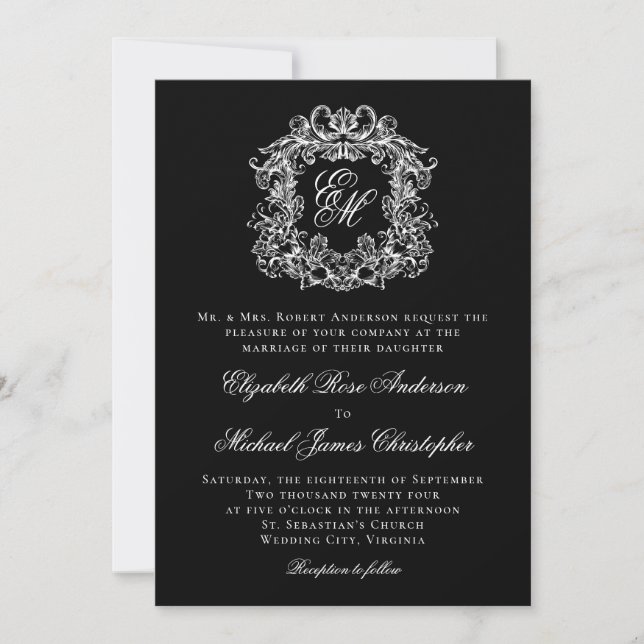 Convite Black White Elegant Monogram Crest Wedding (Frente)