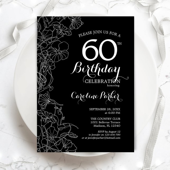 Convite Black White Floral 60th Birthday (Criador carregado)
