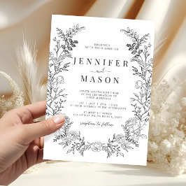 Convite Black white floral wreath boho wedding invitation