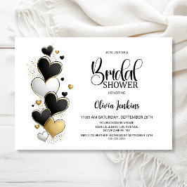 Convite Black White Gold Hearts Bridal Shower