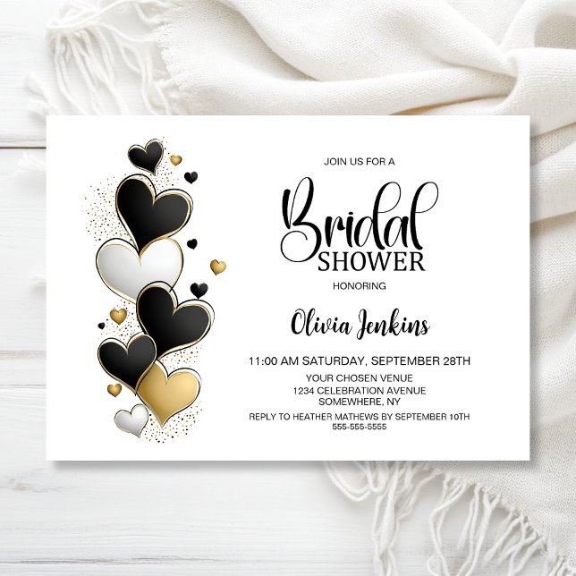 Convite Black White Gold Hearts Bridal Shower (Criador carregado)